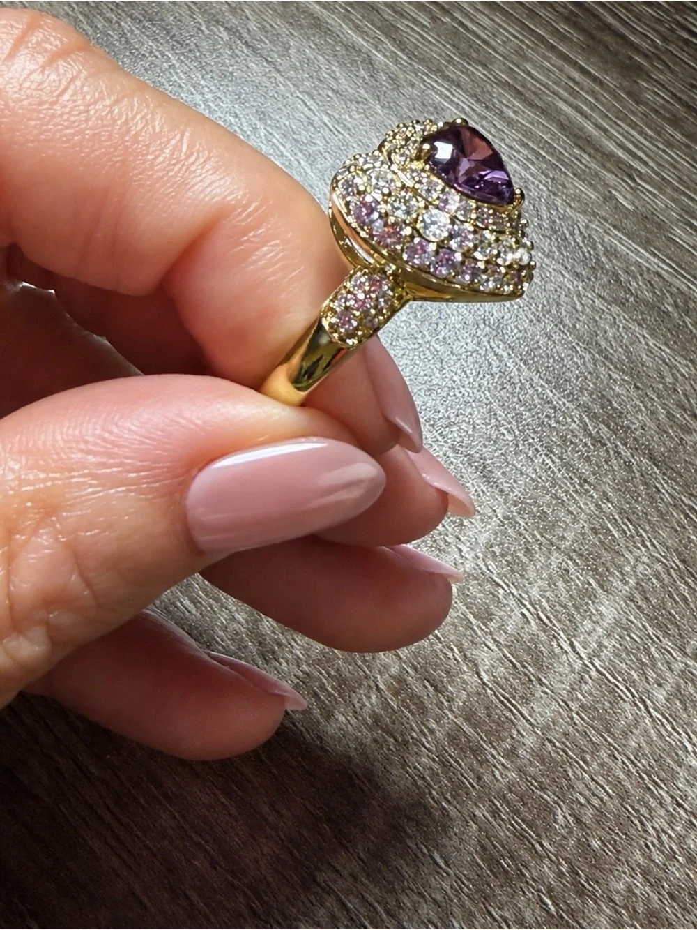 Purple Heart Crystal Gold-Filled Cocktail Ring – Size 9
